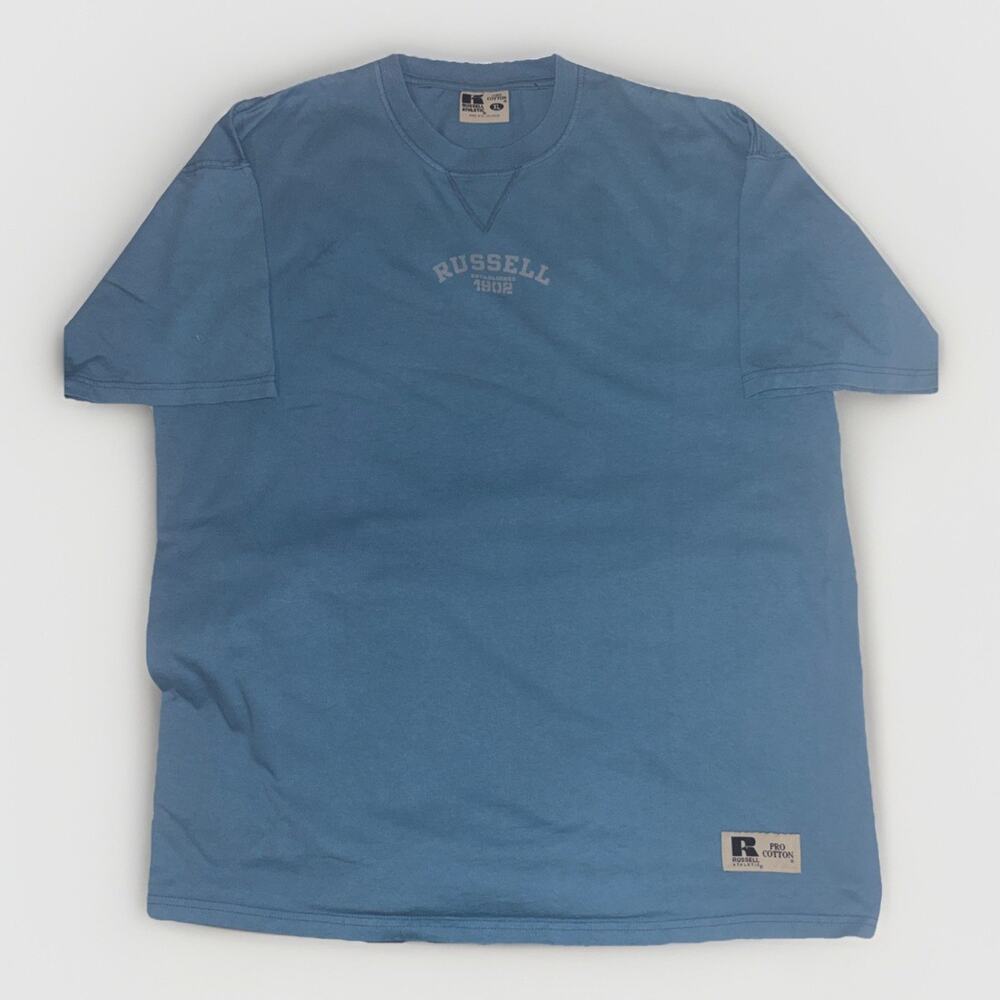 Vintage 90s Russell Athletic T Shirt Blue Spellout Logo Size L Pro Cotton